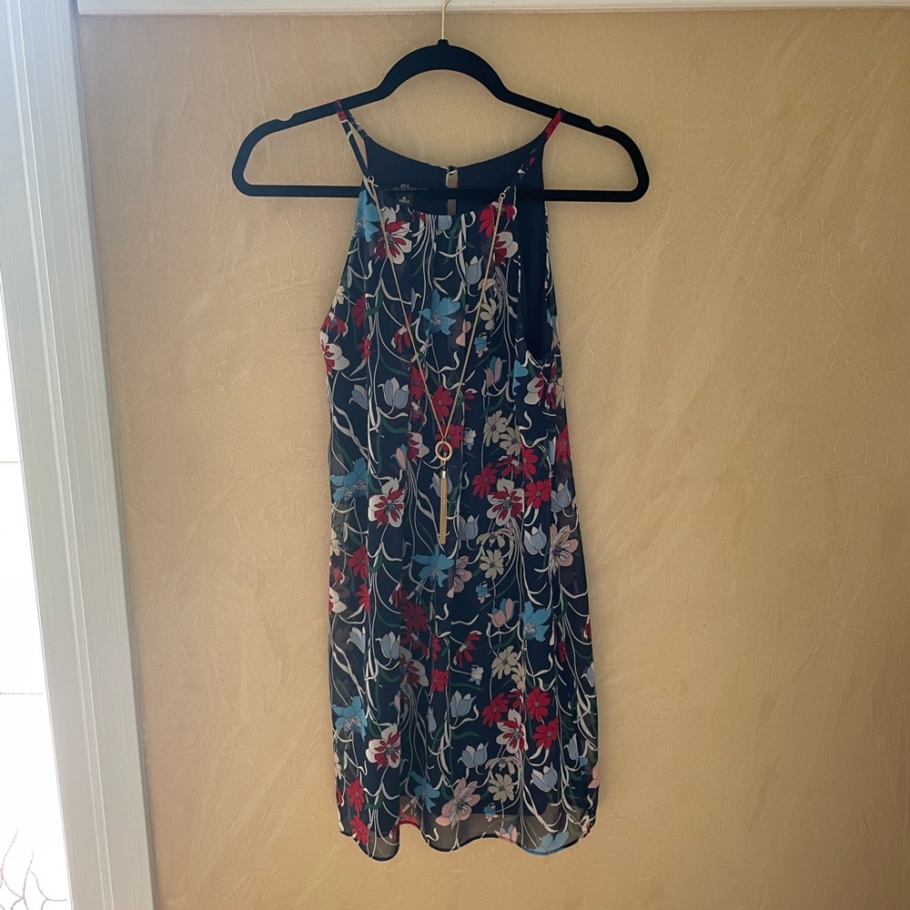 Navy blue floral summer flowy dress with attached gold necklace